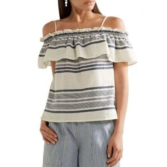 Splendid Cold Off Shoulder Blouse Large XL Striped Navy Ivory Ruffle Top Peasant - Picture 1 of 12